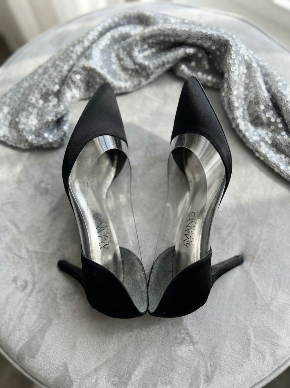 Amano Black Satin & Clear Vinyl Pointed Toe D'Orsay Heels Sz 7 M